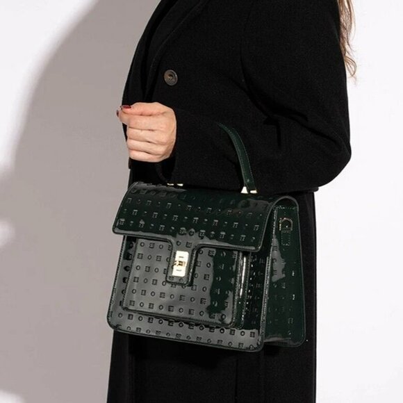 Nwot ARCADIA Marilena Embossed Patent Leather Satchel black Italian Leather Bag - Picture 2 of 14